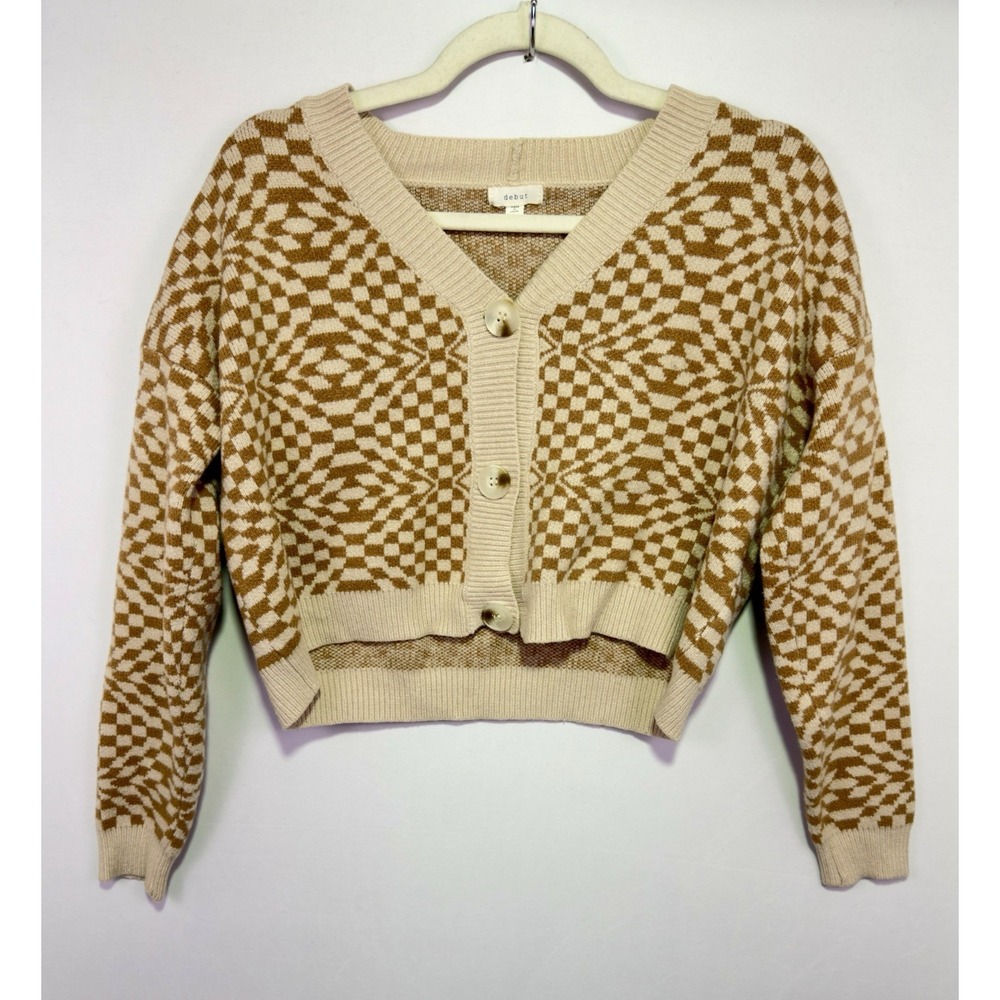 Debut Womens M Geometric Checkered Cropped Cardigan Sweater Oversized Tan Cream
